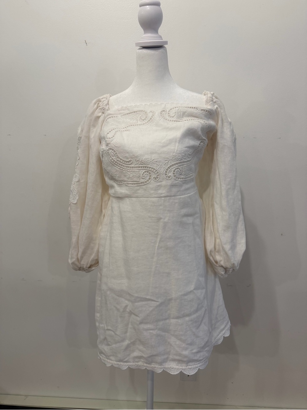 Farm Rio White Embroidered Puff-Sleeve Linen Dress